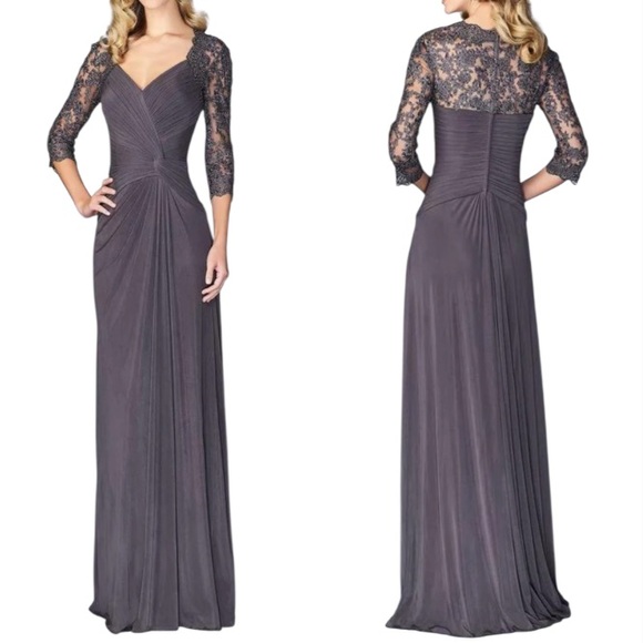 La Femme dark gray lace embroidered v-neck long sleeve evening gown size 6 - Picture 1 of 15